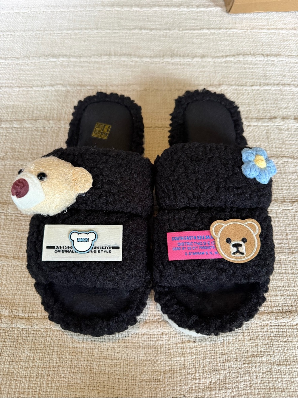 Black Teddy Bear Slip-On Plush Slippers